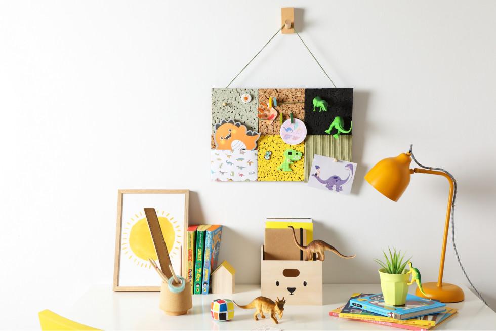 Kids memo board hung up above a desk