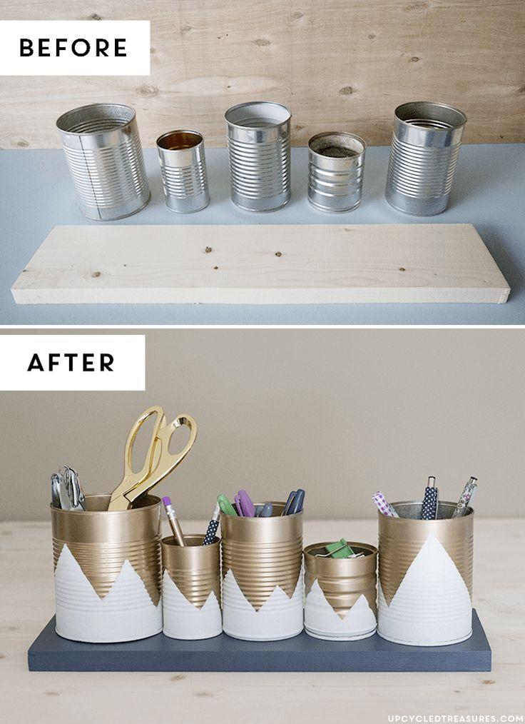 Before and after of DIY tin can project.