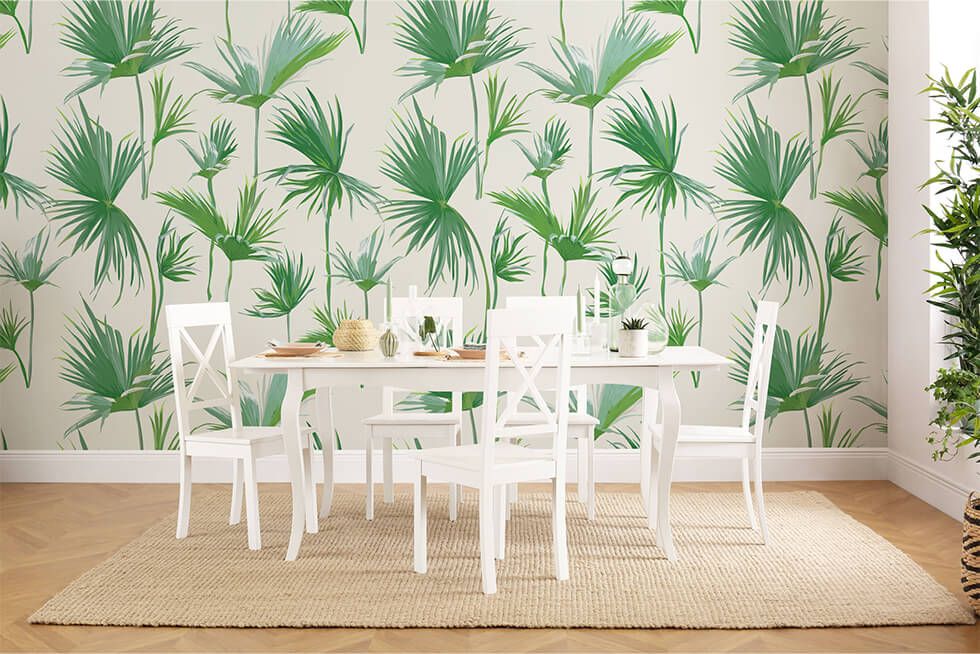 Dining room with botanical wallpaper and white dining set