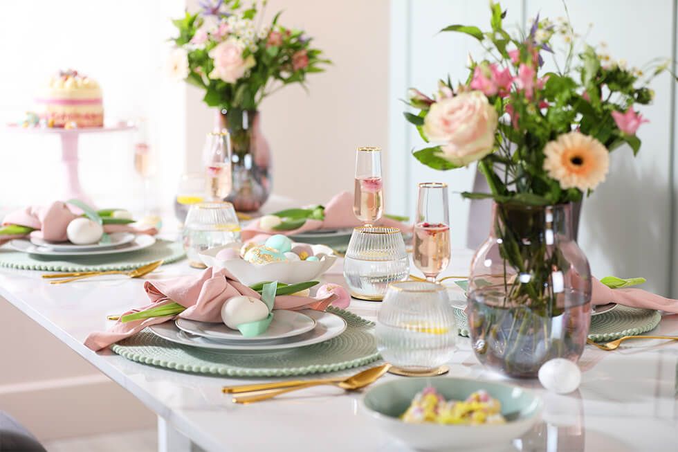 Elegant Easter tablescape in the dining room with pastel decor