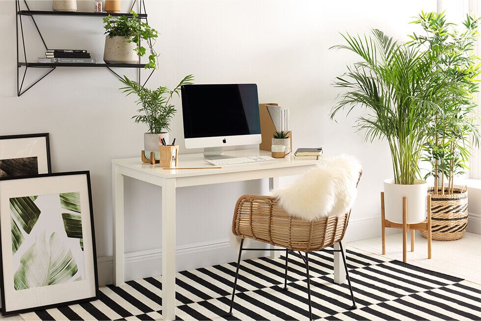 Relaxing Scandi style home office with indoor plants and tropical prints