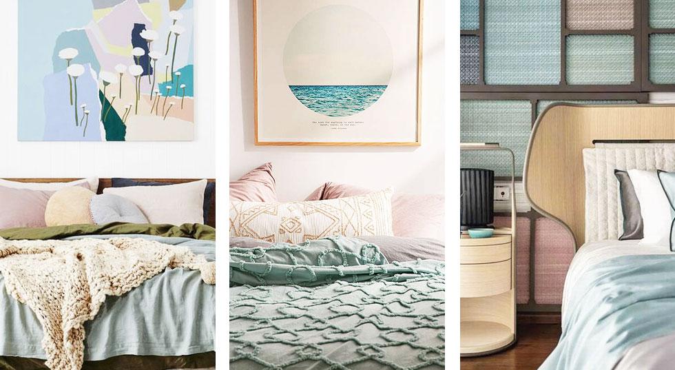 Soft pastel bedrooms of blue and pinks.