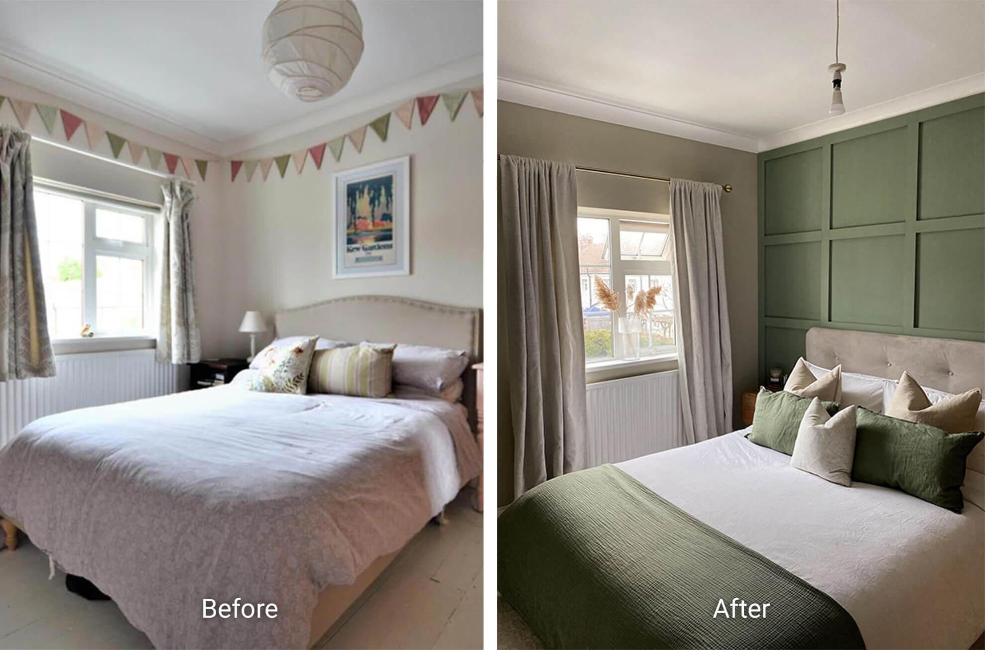 Scandi inspired bedroom with green walls and wall panelling