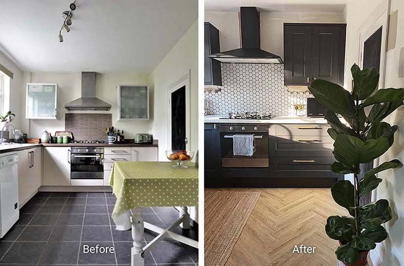 Kitchen with cream walls and black tiles