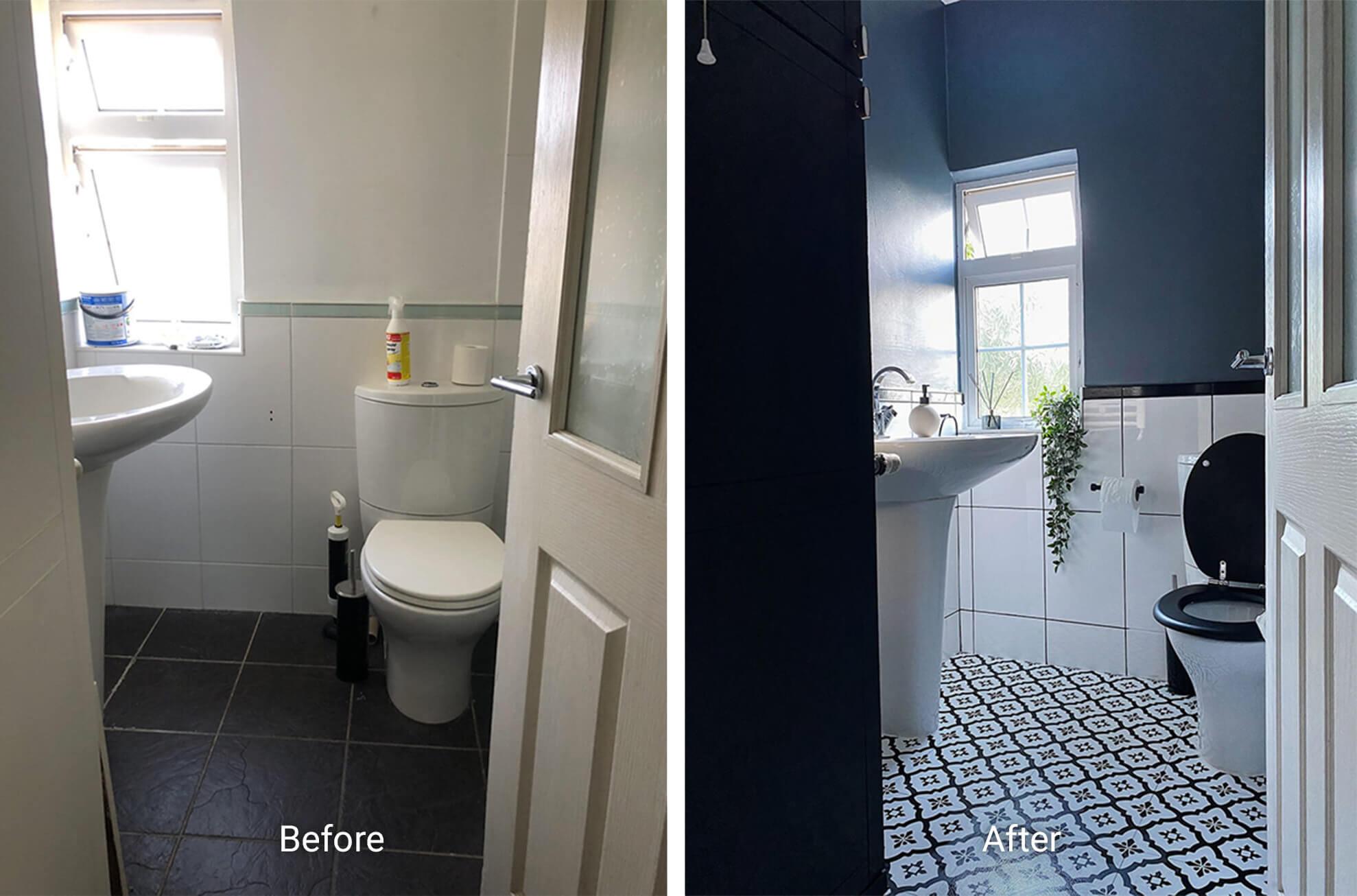 Bathroom with a dark Scandi feel and vinyl floor tiles