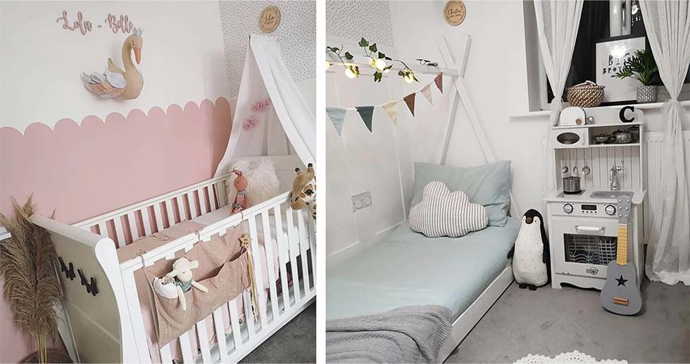 A children's bedroom with blue and pink accents