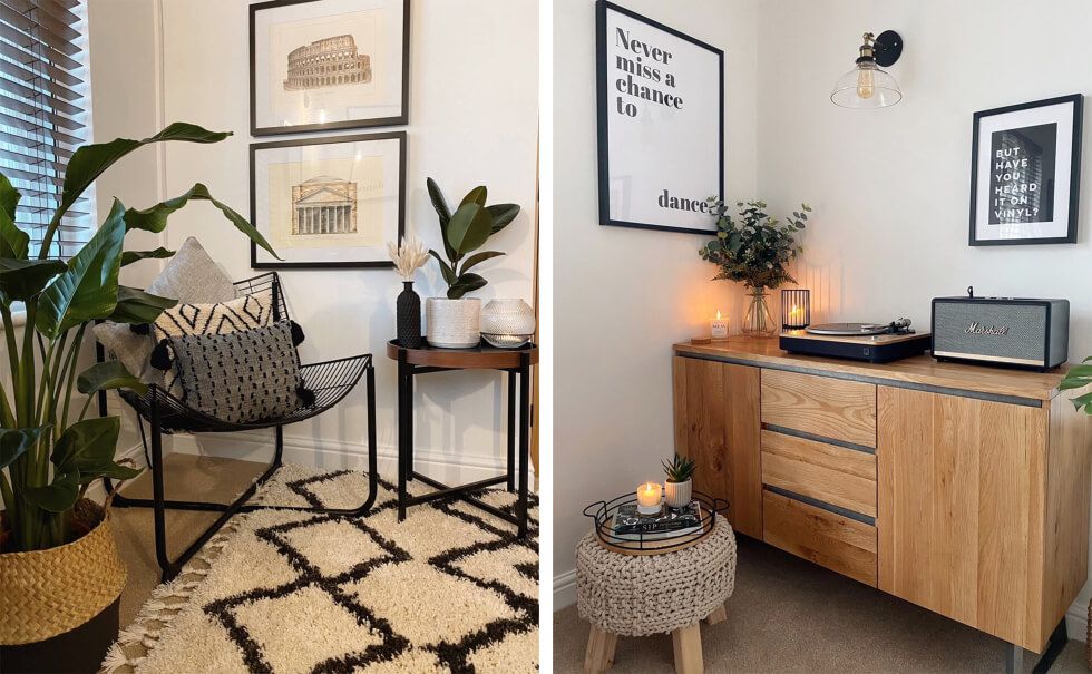 Cosy corner with plants and wooden furniture in a modern scandi home