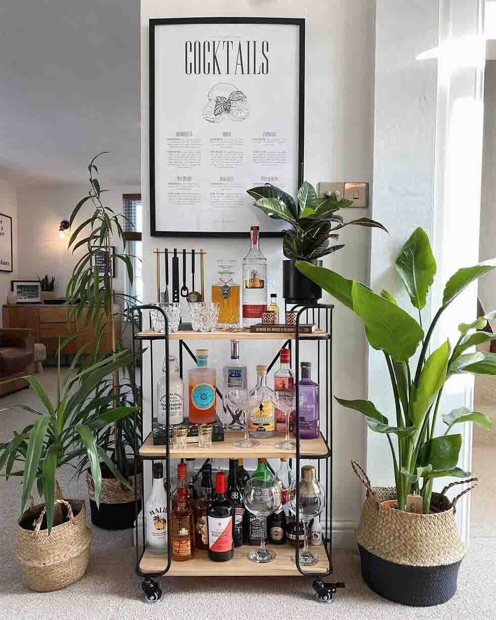 Drinks bar cart with plants in a modern scandi home