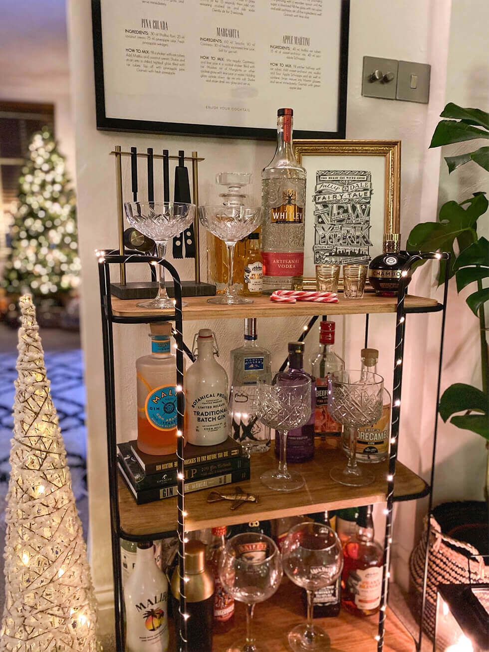 Bar cart with christmas decor in a modern scandi home