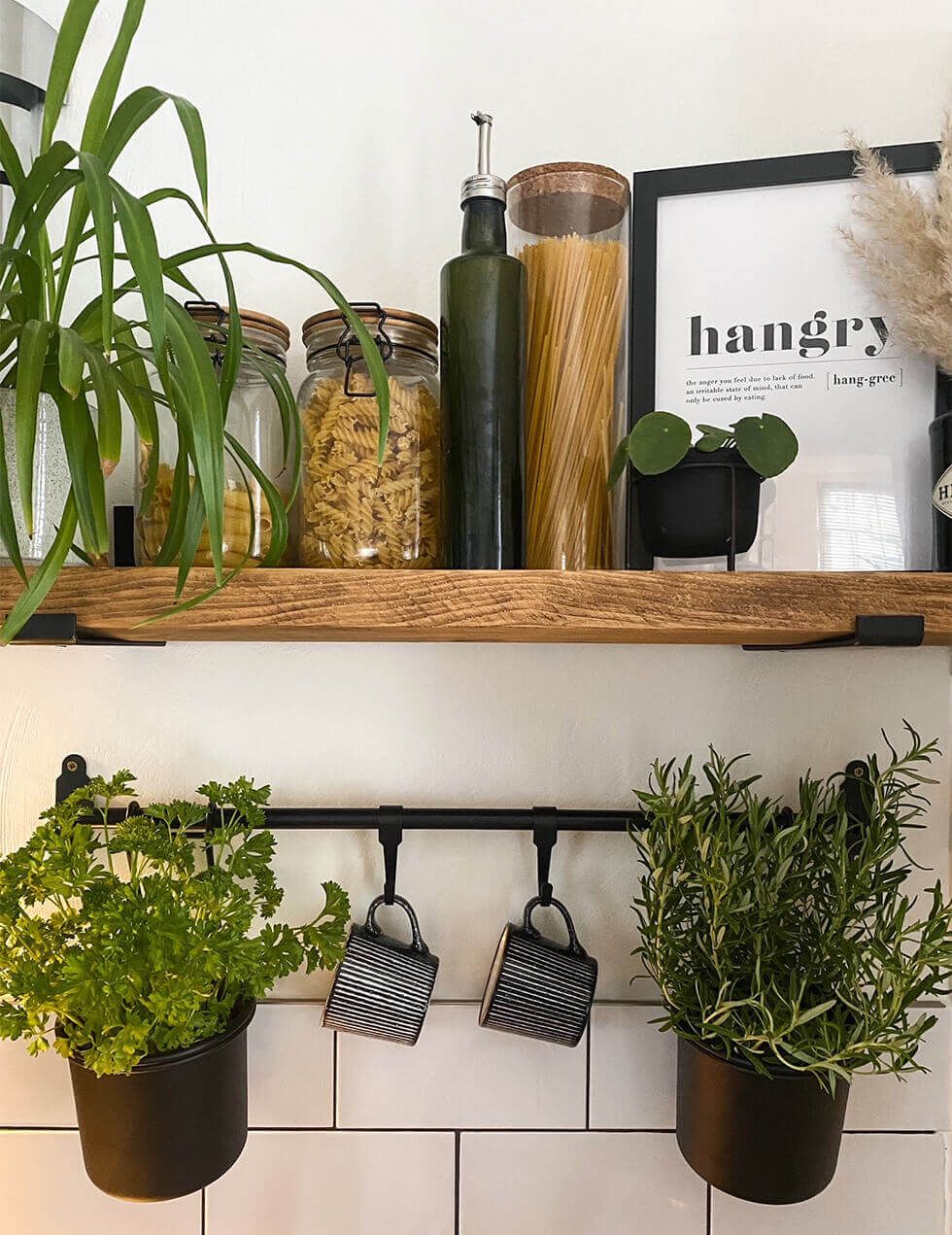 DIY scaffold shelf with herbs and pasta canisters
