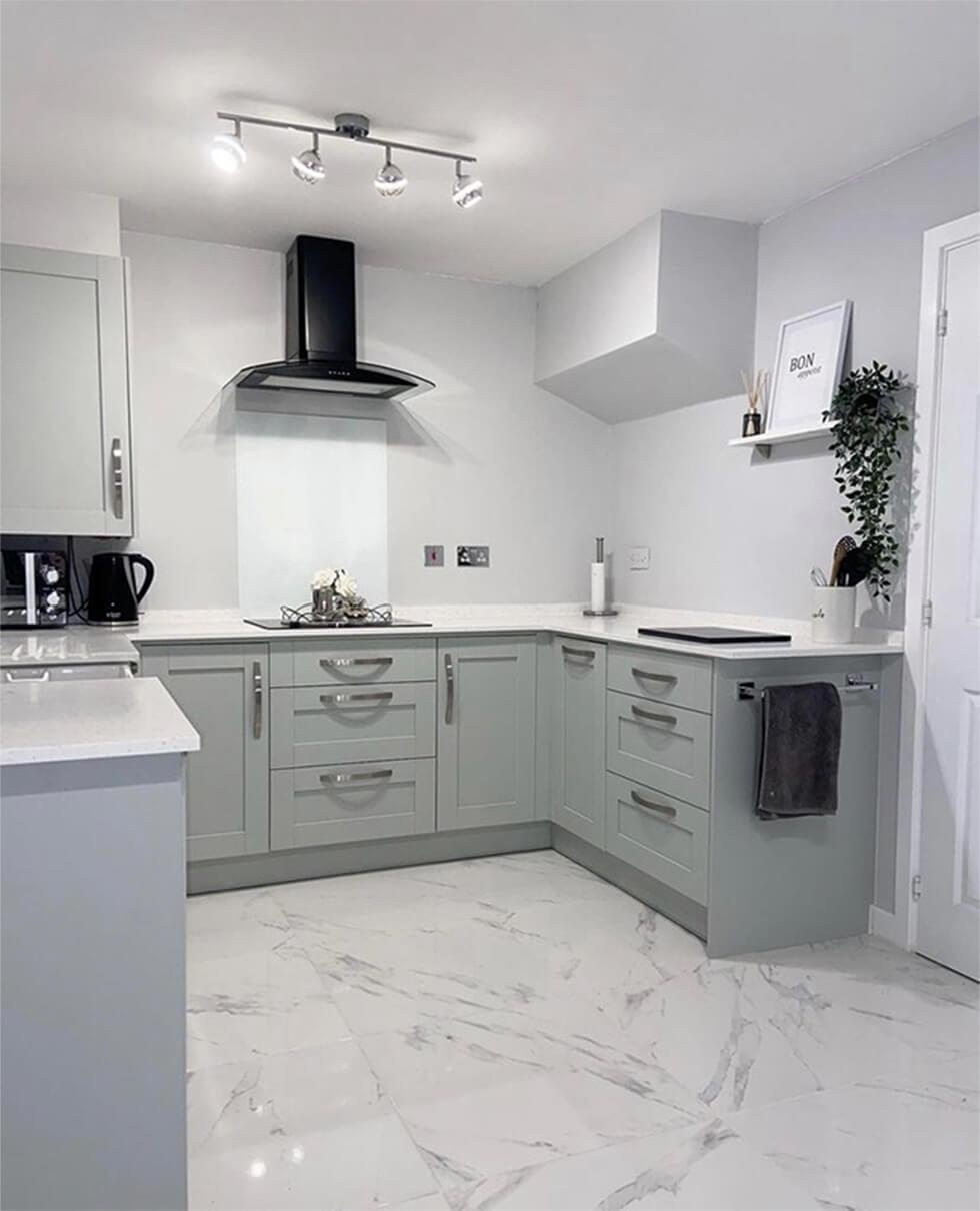 modern kitchen with grey cabinets