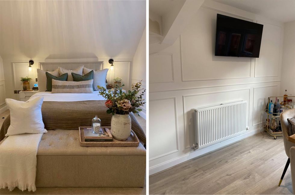 Elegant wall panelling on a white wall and A cosy sloped wall bedroom with wall panelling