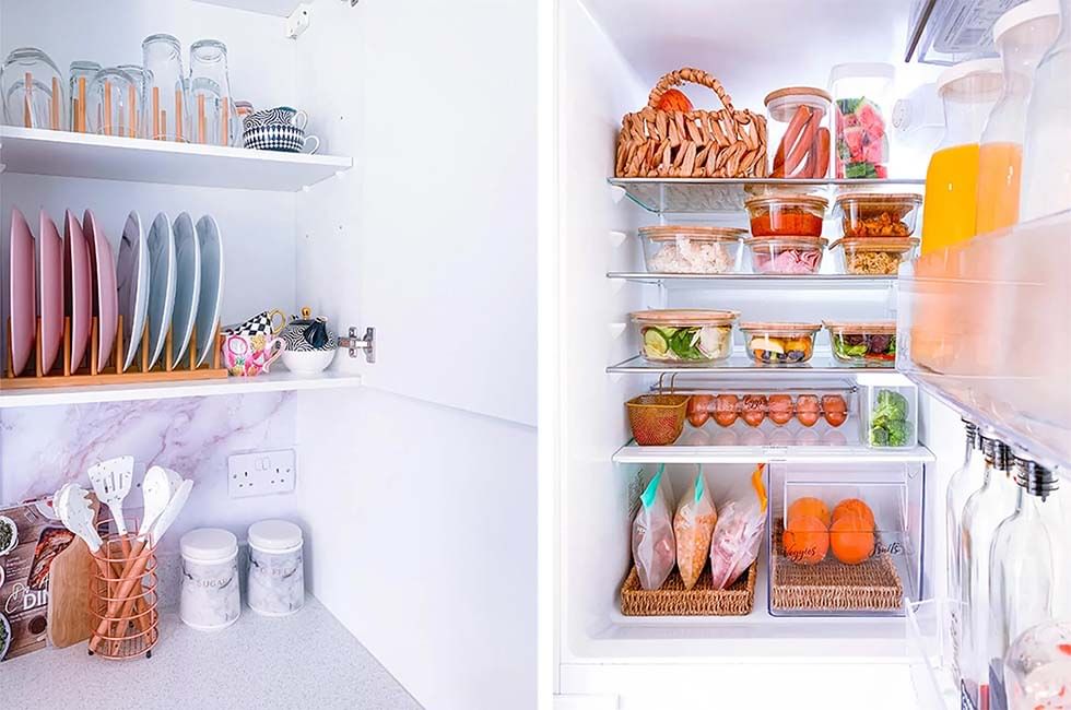 Tableware beautifully organised on a white kitchen shelf