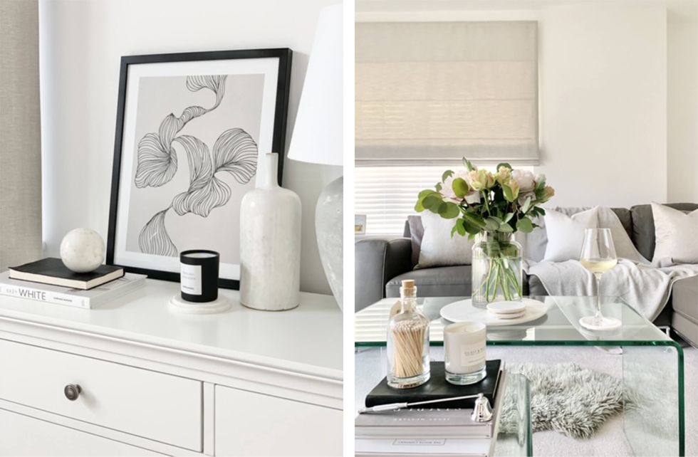 A neutral living room decorated with chic accessories like vases, flowers and coffee table books