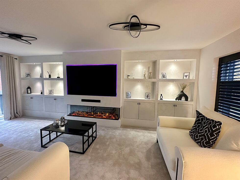 Monochrome living room with bold media wall