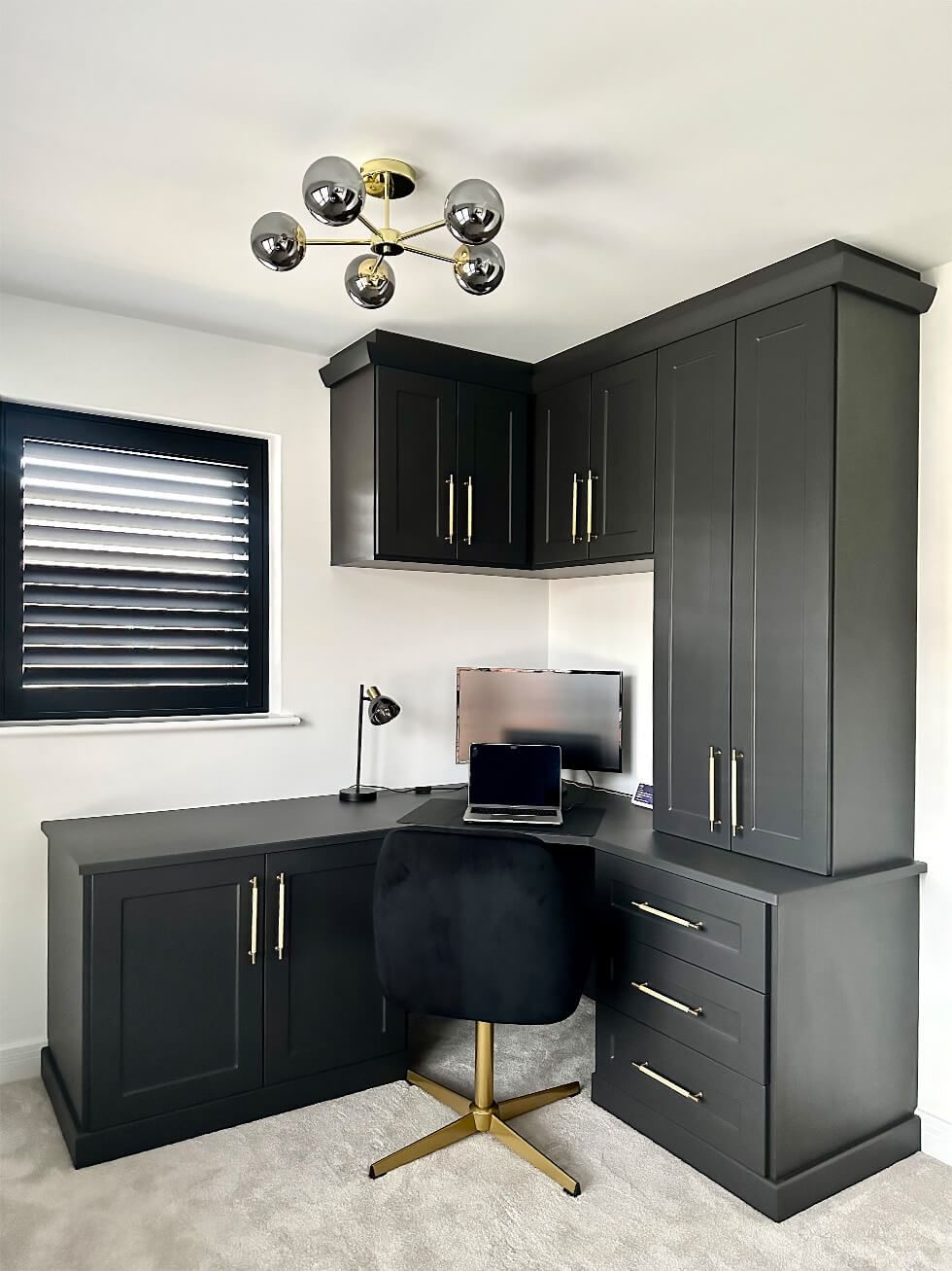 New home office with black shaker style cabinets