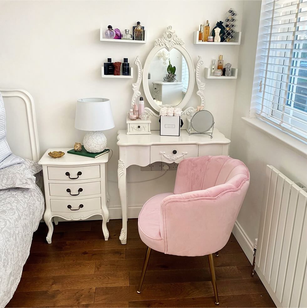 White dressing table with a whimsical aesthetic