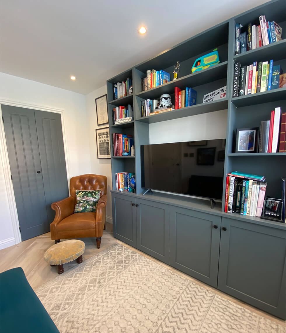 Garage area that has been transformed into home office