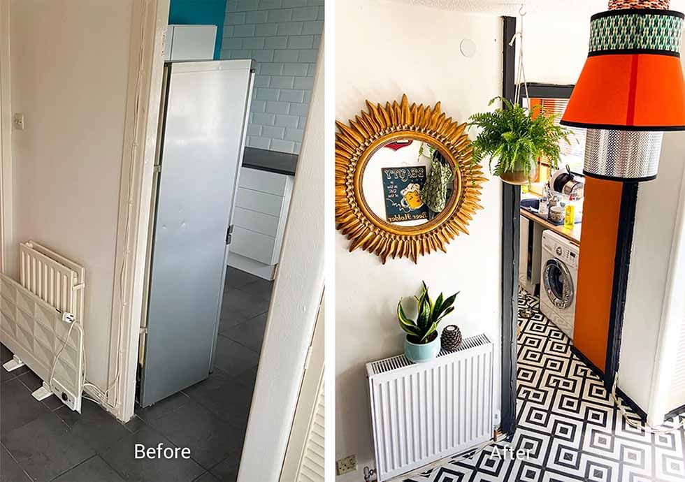 bright orange pendant lamp and ornamental mirror in a brightly lit entryway