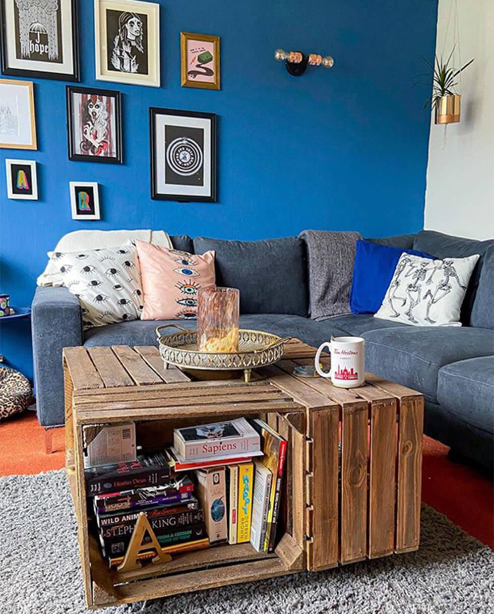 diy upcycled coffee table in a blue modern living room