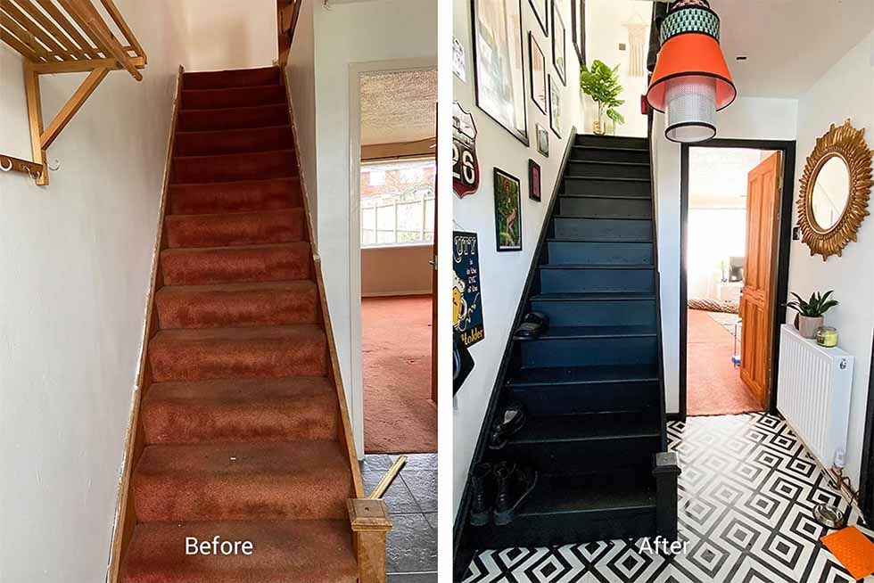 black painted wooden stairs and a black and white diy vinyl floor