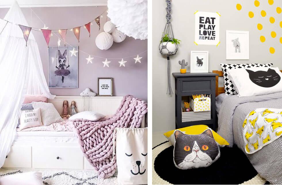 Purple and grey girls bedrooms ideas with cat and dog motifs