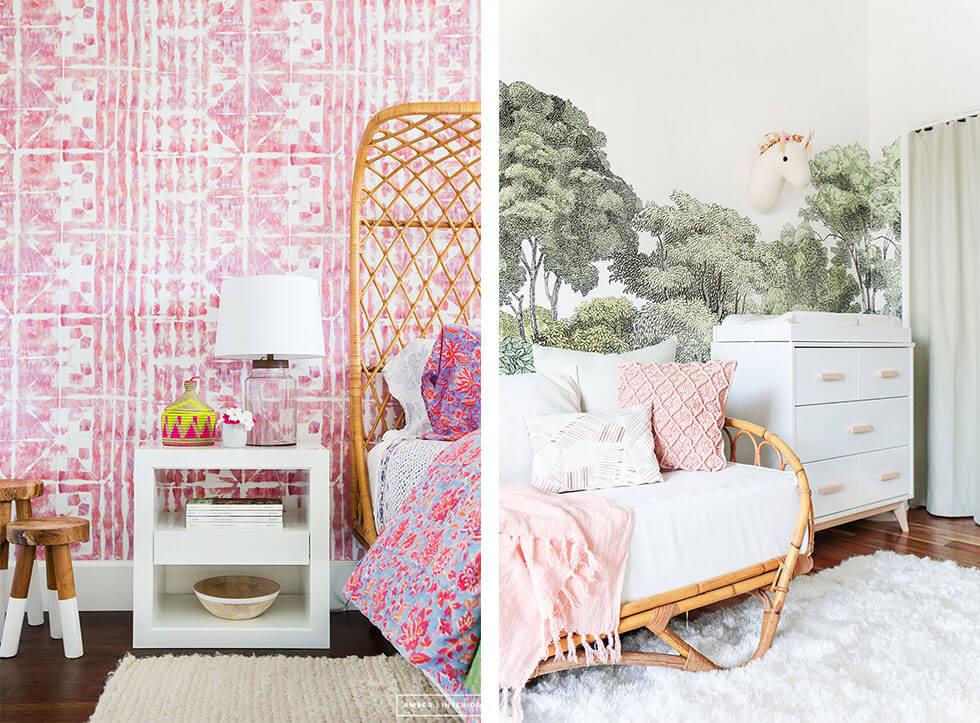 Rattan bed frames or sofas with fluffy rugs and pillows in a girls bedroom