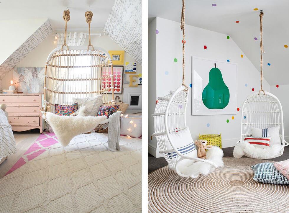 Rattan hanging chairs in a cosy girly white bedroom with rugs