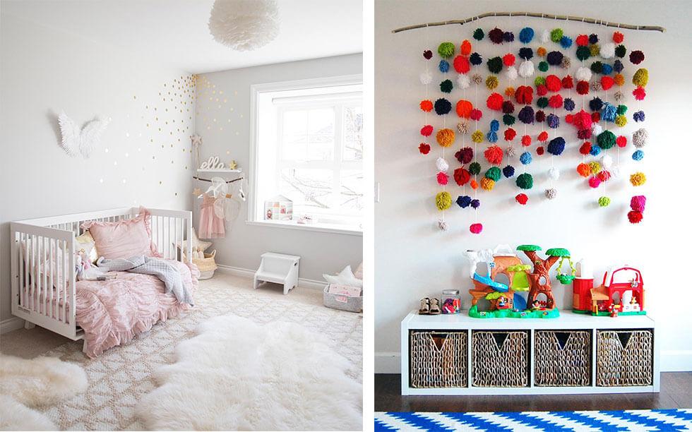 Girl bedrooms ideas featuring soft rugs and brightly coloured pom poms