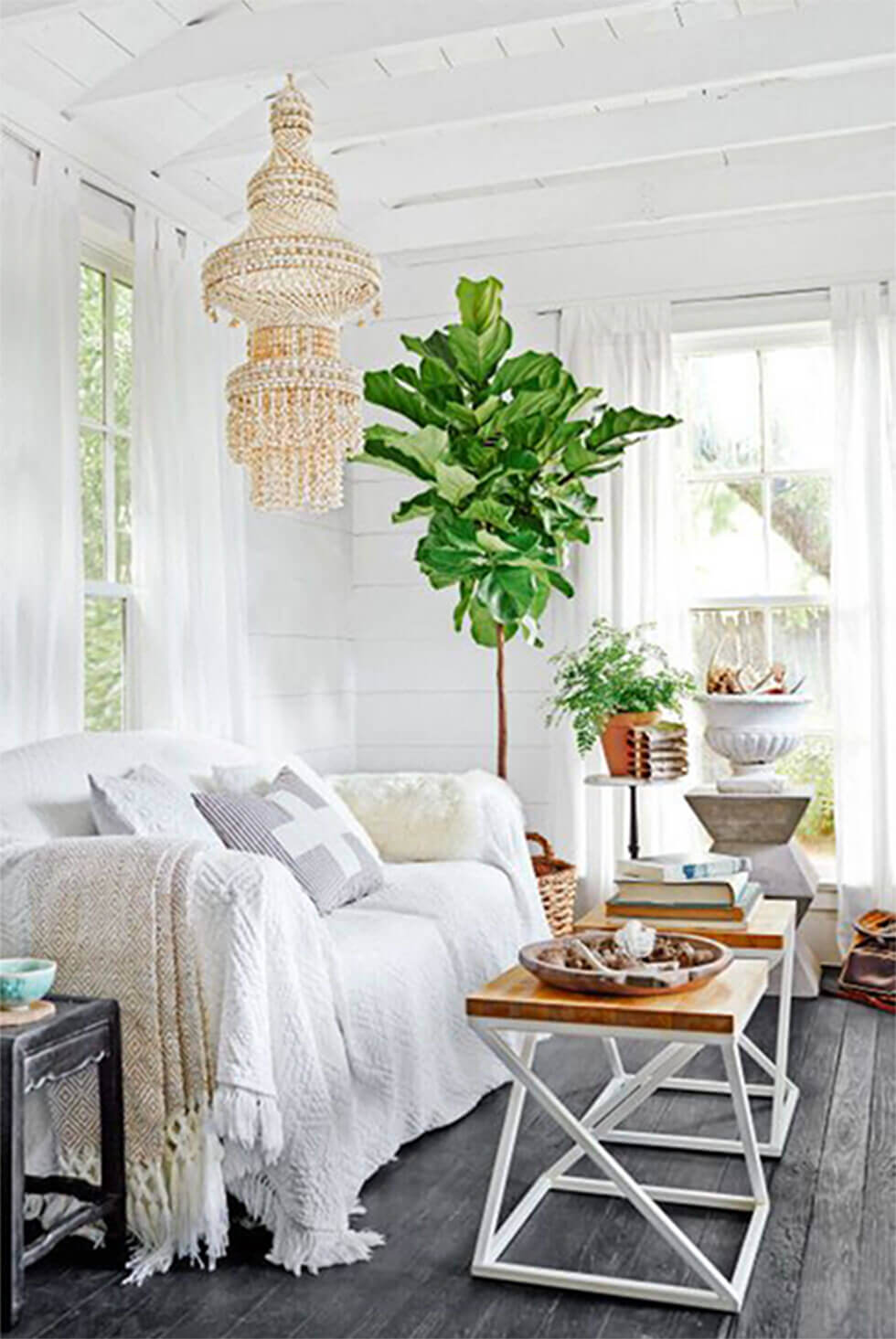 Bohemian white living room with natural chandelier and large plant.