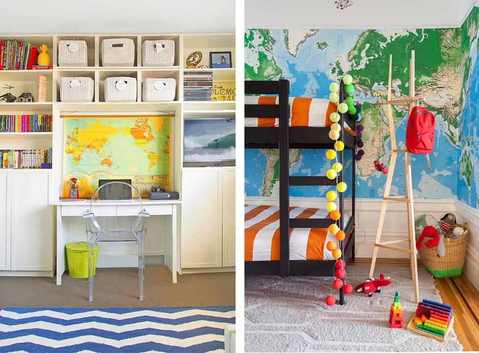  Boys bedroom with big world maps.