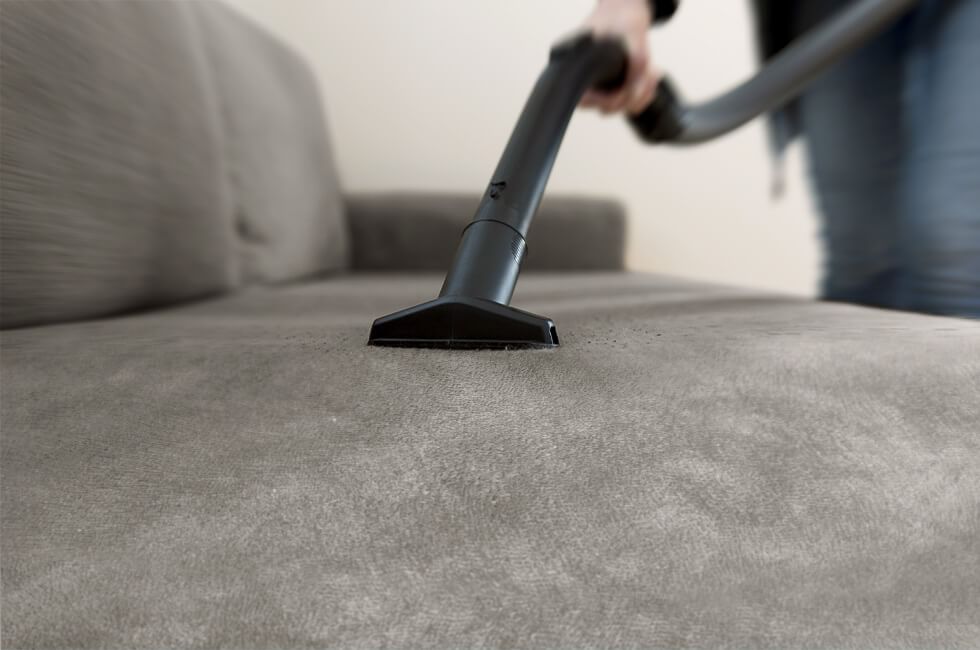 Vacuuming a velvet sofa in the living room