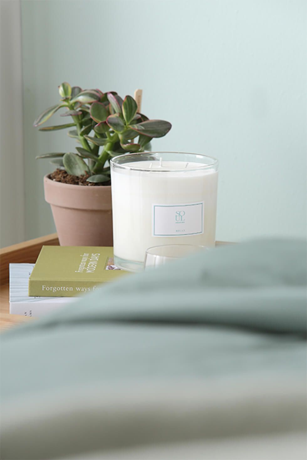 Bedside table with a potted plant and scented candle for a calming ambience