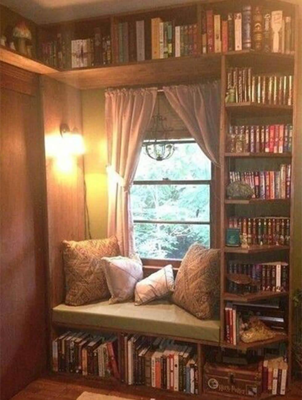 reading nook with bookshelves in walnut tones