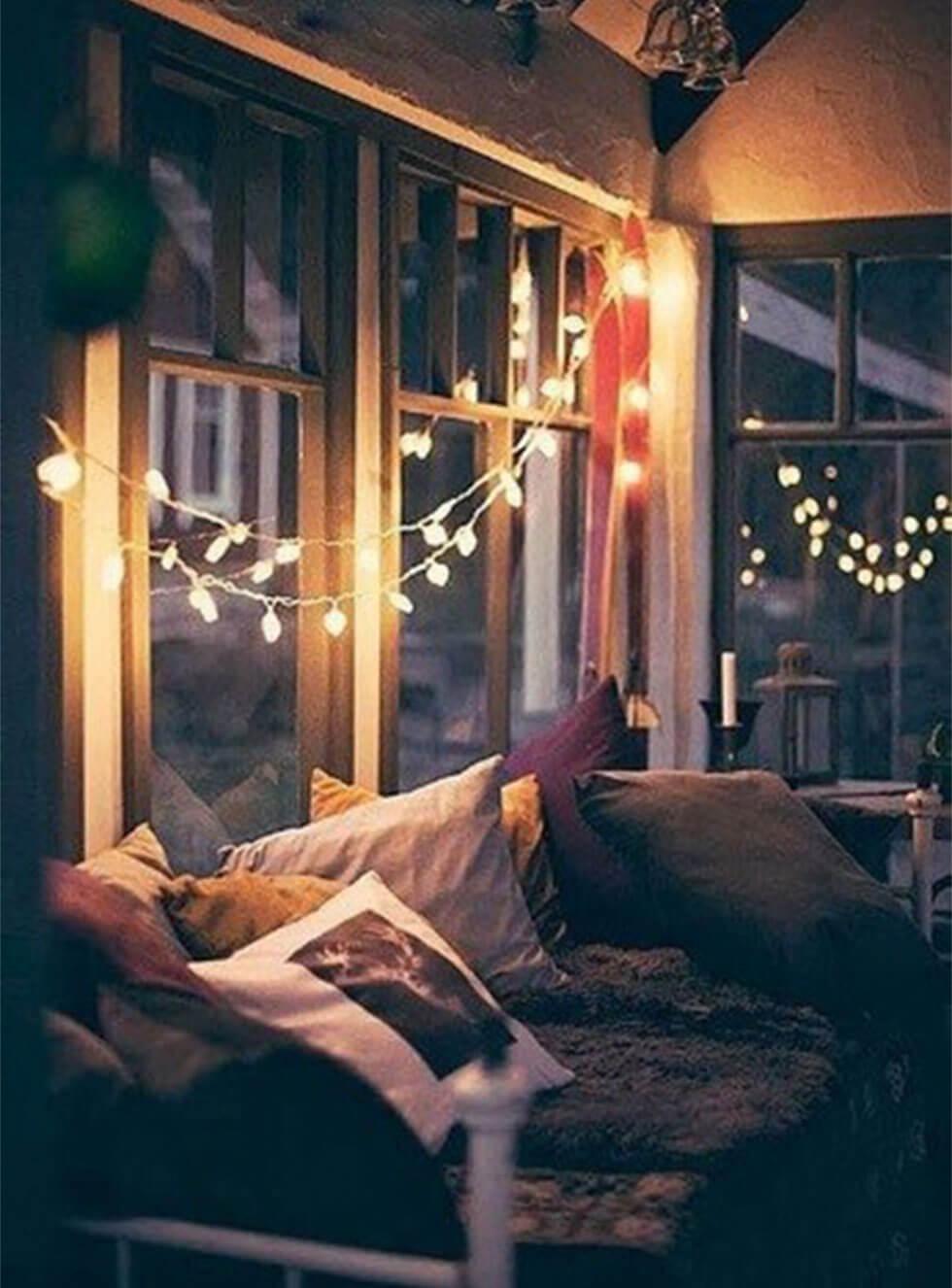 dreamy fairy lights above reading nook