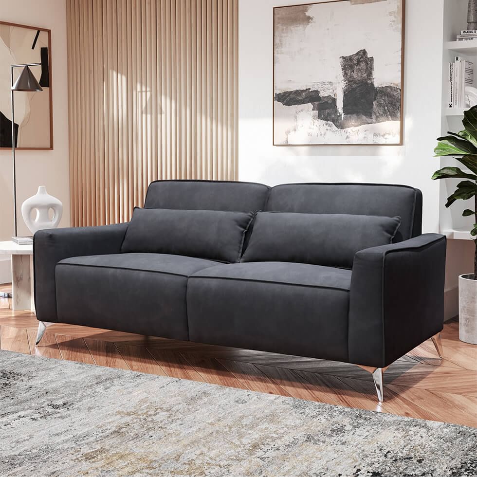 A stylish, modern grey fabric sofa with bolster cushions