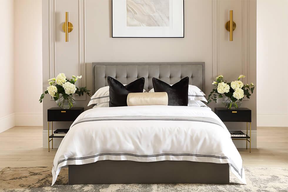  Luxe bed with grey headboard with in designer bedroom