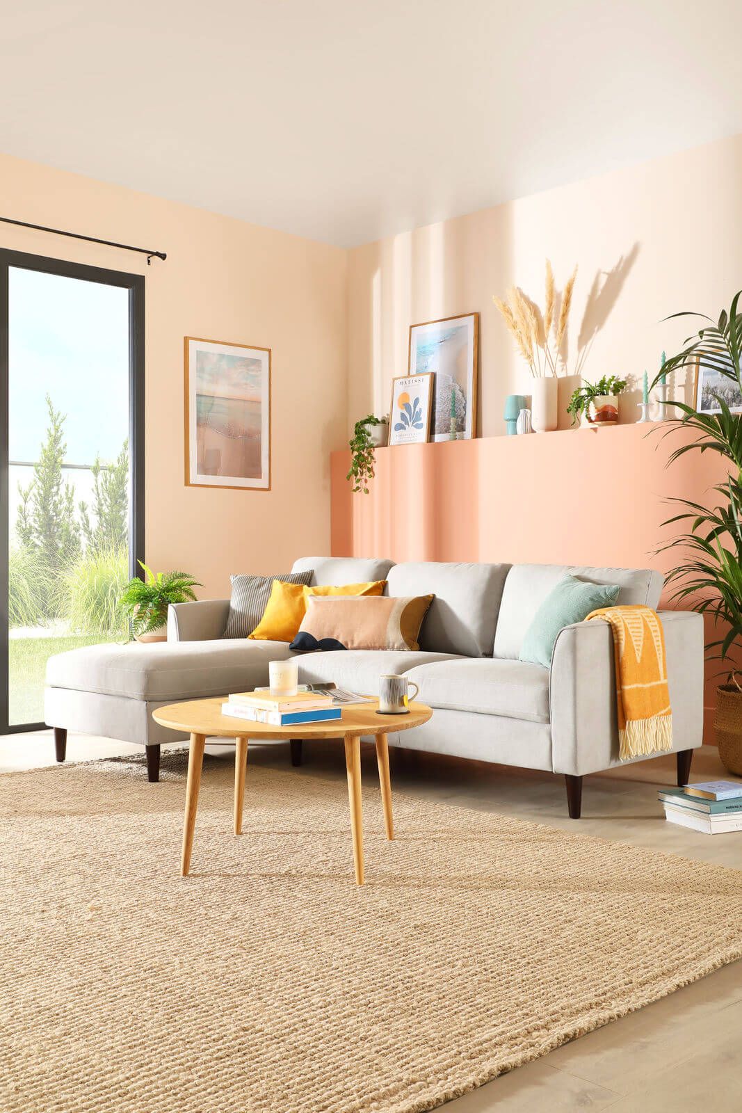 Living room with grey sofa and wooden textures