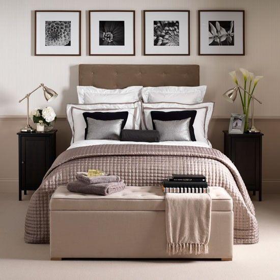 Calming bedroom in shades of grey, mauve, brown and white
