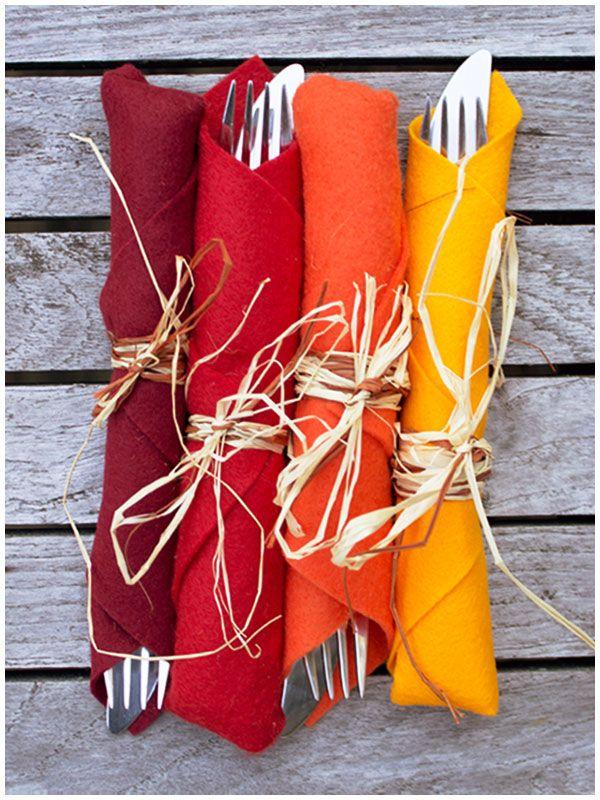 Burgundy, red, orange and yellow napkins.