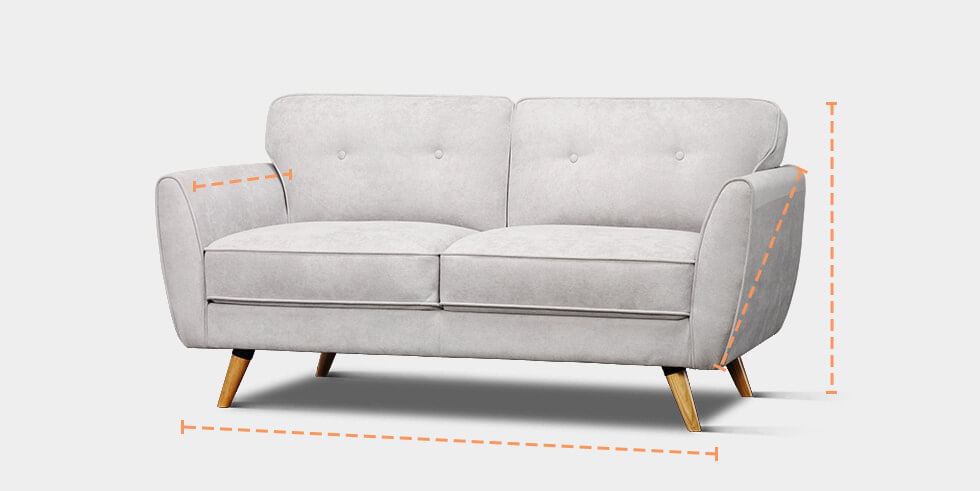 Sofa graphic of width, height, depth and diagonal measurements
