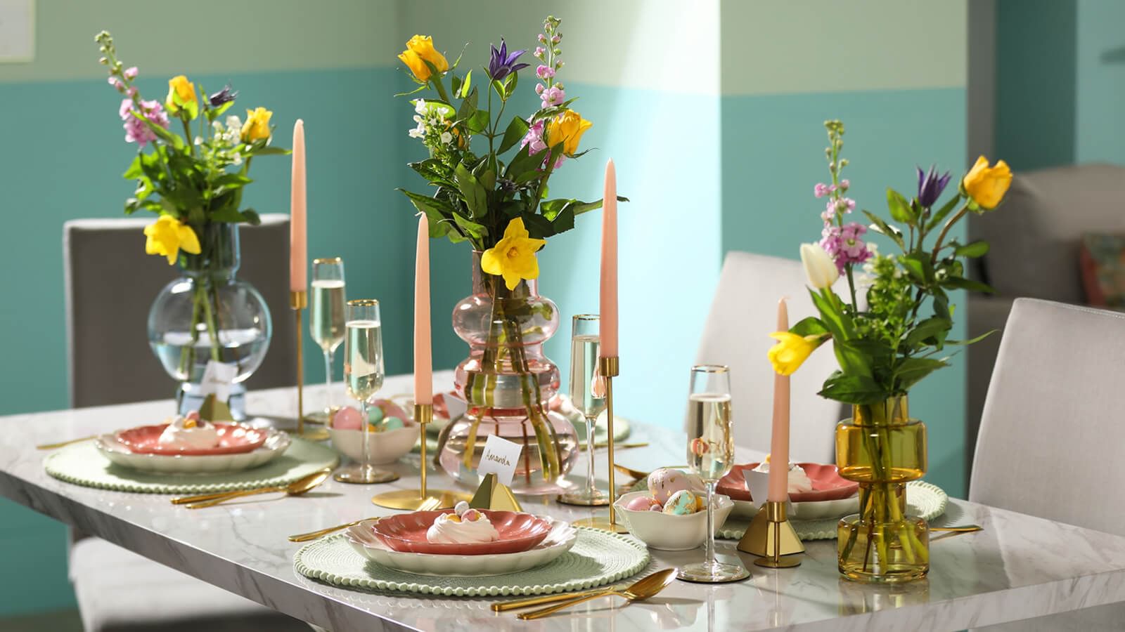 Easter tablescape on marble table and pastel palette