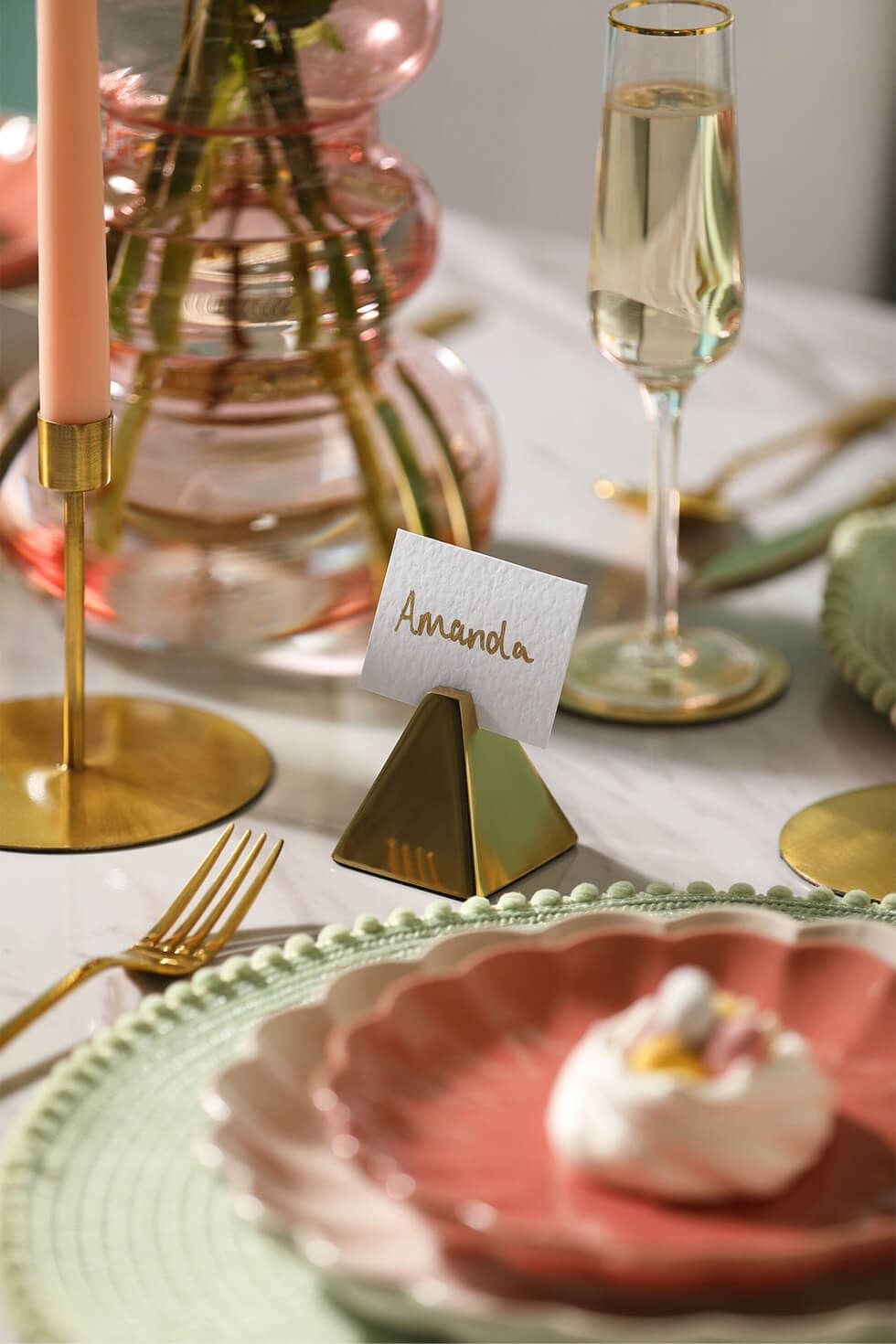 Gold-plate name placeholders on Easter tablescape