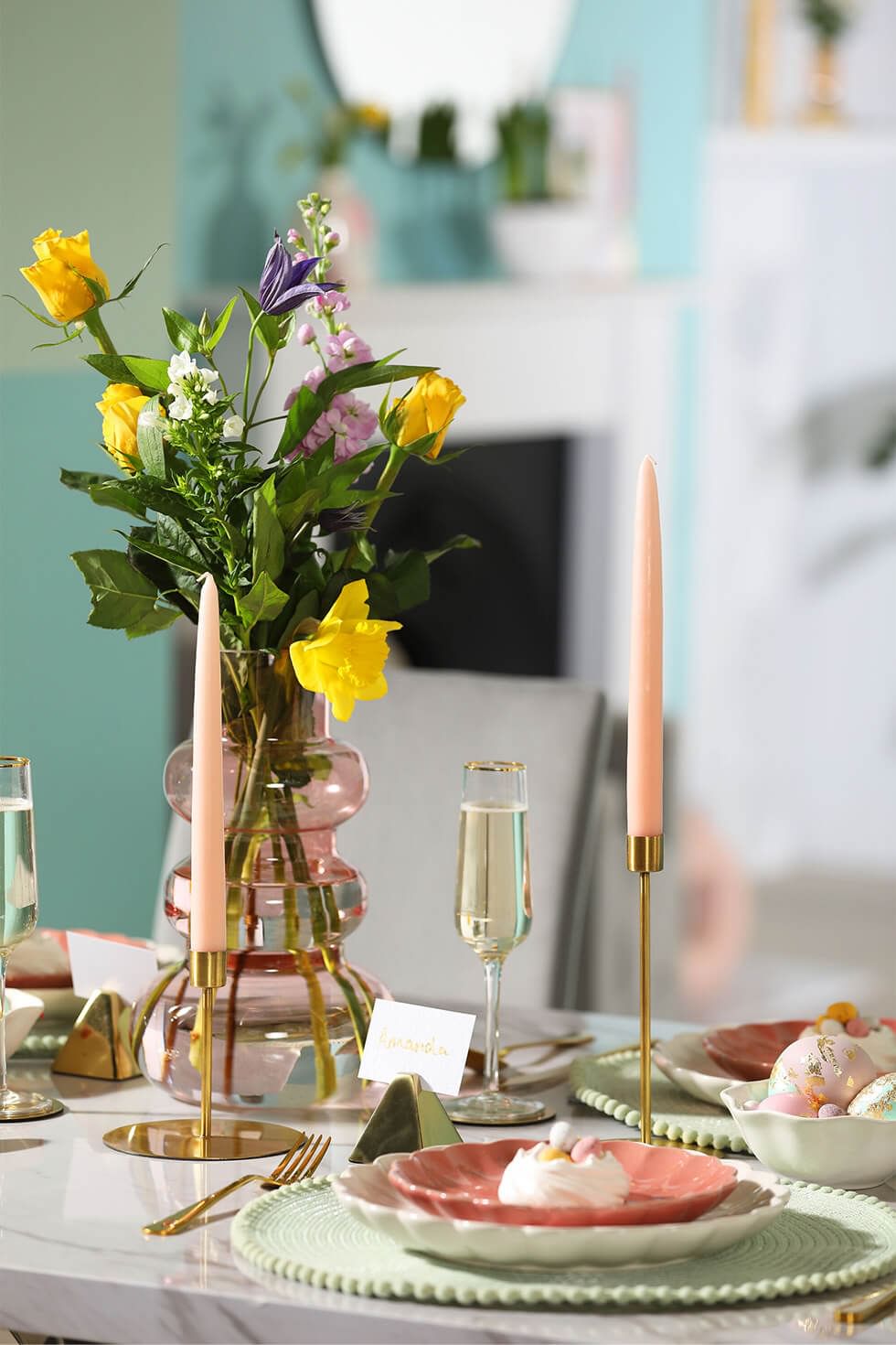 Easter tablescape with flower bouquet