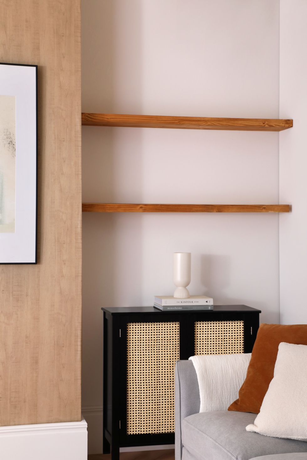 Modern living room with wooden shelving