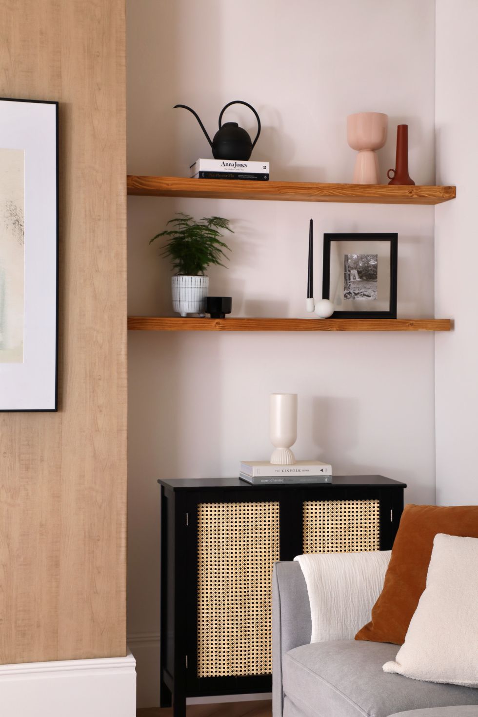 Modern living room with a Japandi style shelf