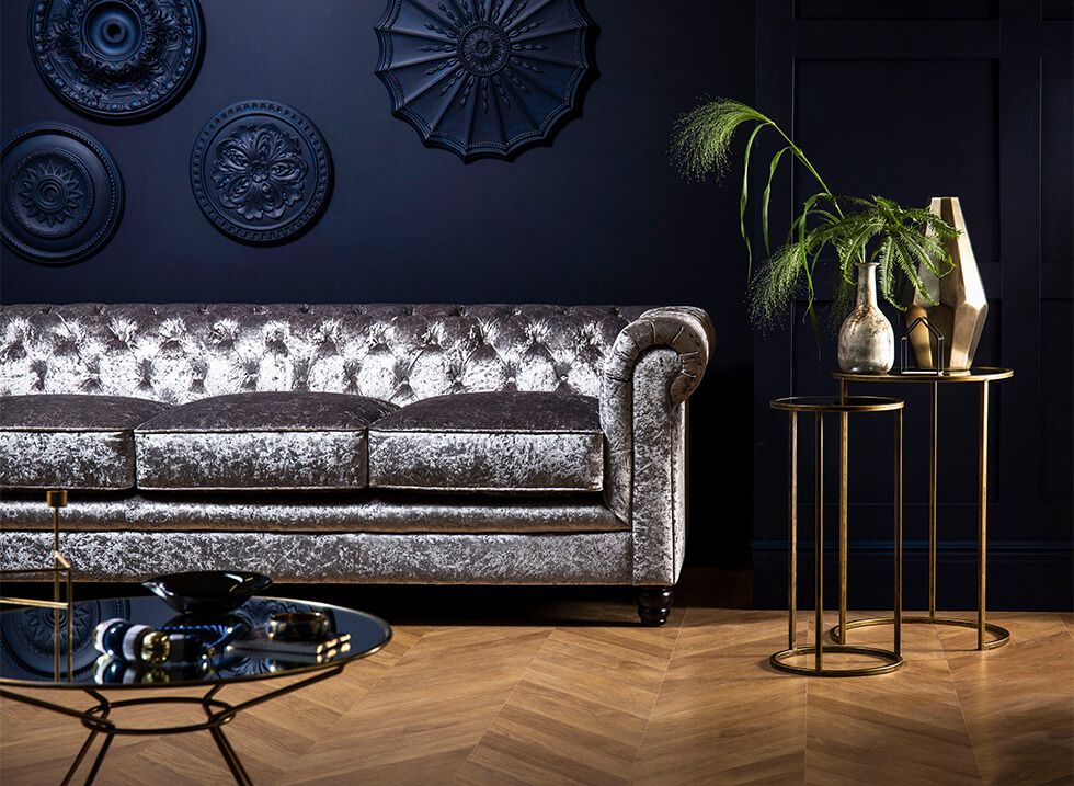 Glamorous crushed velvet Chesterfield sofa in the living room