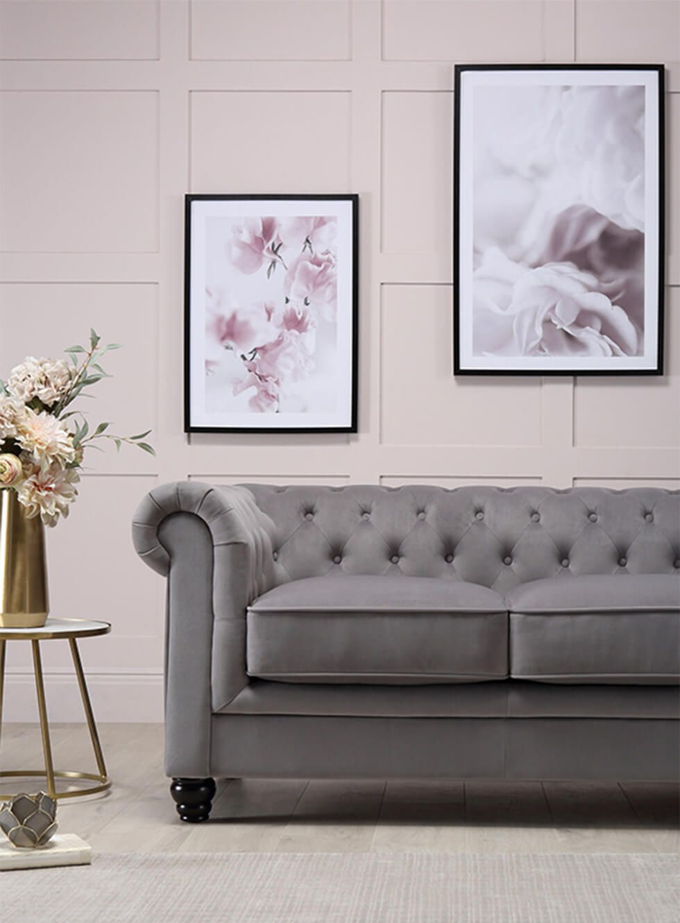 Grey velvet Chesterfield sofa in blush pink living room