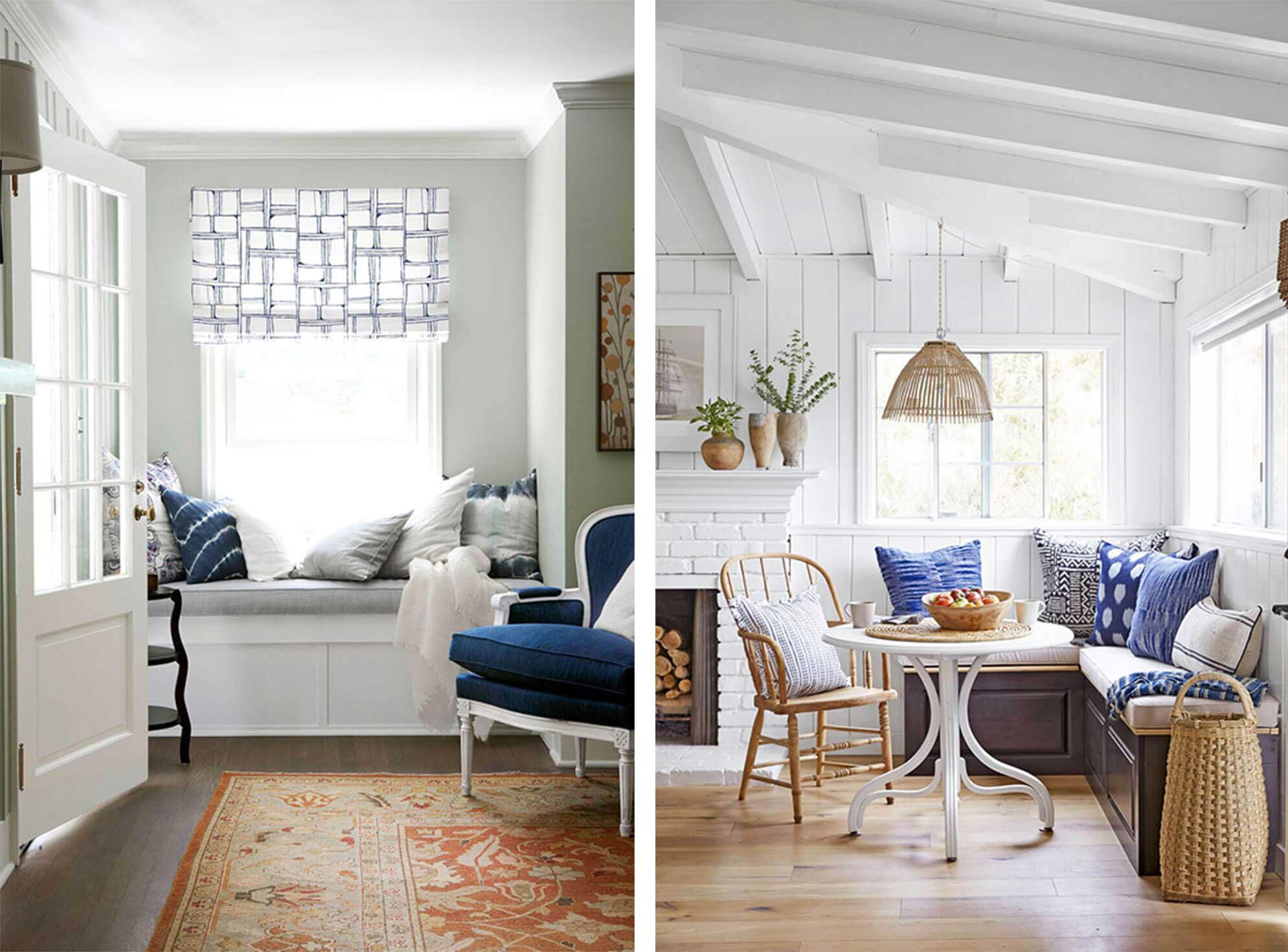 Reading nook accessorised with classic blue cushions