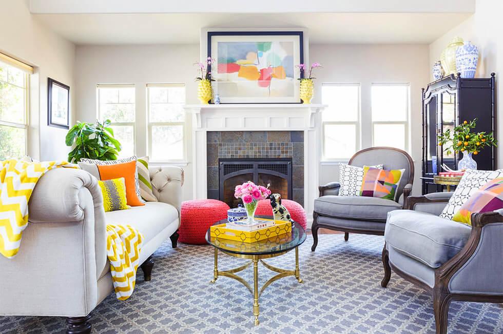 Patterned grey and yellow living room